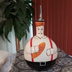 Ceramic Chef Oil Dispenser with Red Suspenders